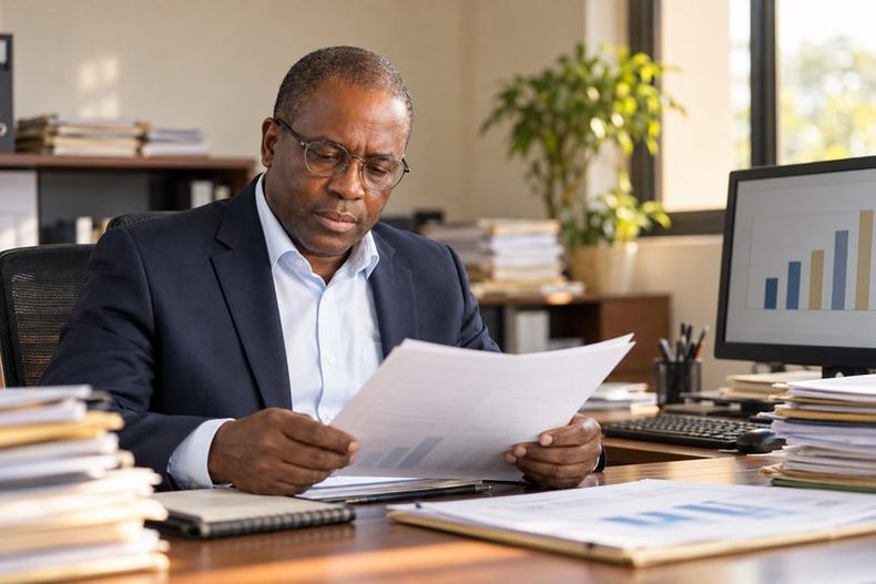 An official in a government office reads a printed report beside a computer showing a chart