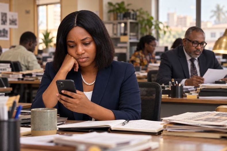 A journalist in a busy newsroom reads a message on her phone, looking concerned