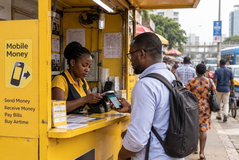 A mobile money agent serves a customer at a roadside kiosk
