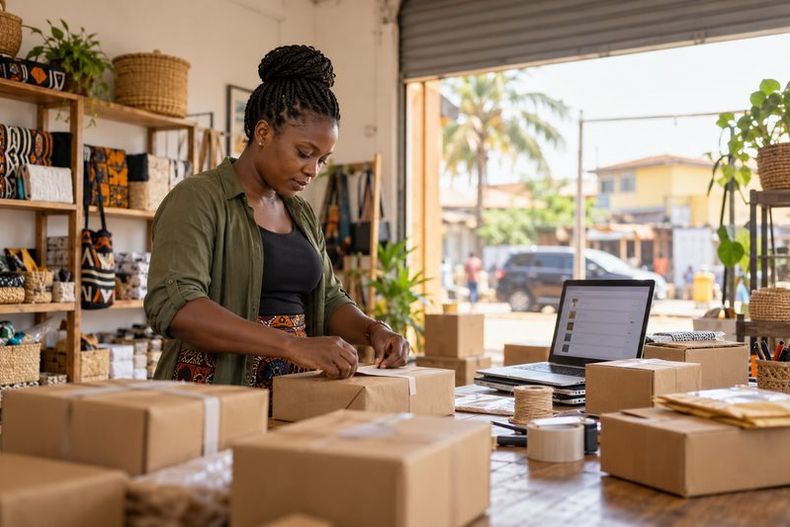 A shop owner packs parcels for online orders, with a laptop open beside the boxes